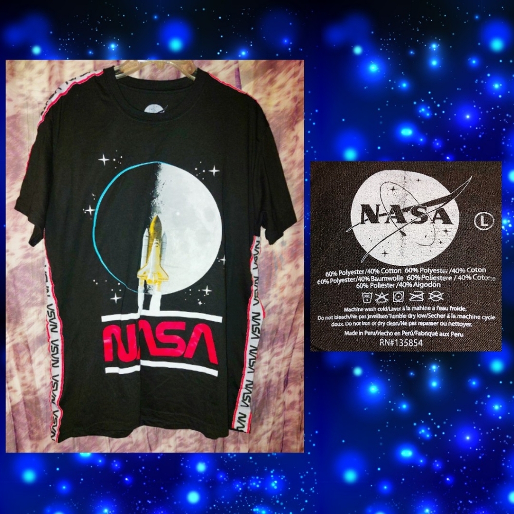 NASA brand Blk/Multicolor NASA Space Shuttle & Moon Graphic Knit T-shirt Sz Lrg